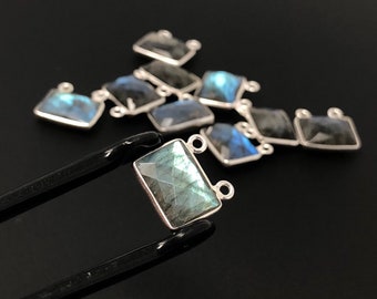 6 Pcs Labradorite Gemstone Connector, Sterling Silver  Double Bail Connector Charms , 14x14mm