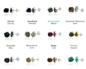 Raw Birthstone Electroplated Stud Earrings, Sterling Silver Gemstone Stud Earrings, Healing Crystal Rough Gemstone Studs