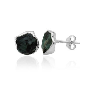 Raw Emerald Stud Earrings, May Birthstone Healing Crystal Rough Gemstone Studs, Rough Gemstone Electroplated Stud Earrings image 3