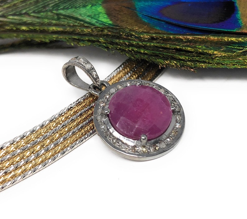 Sterling Silver Pink Sapphire Diamond Pendant Gemstone Pendant Gifts for Her Natural Sapphire Gemstone Jewelry Pave Diamond Pendant