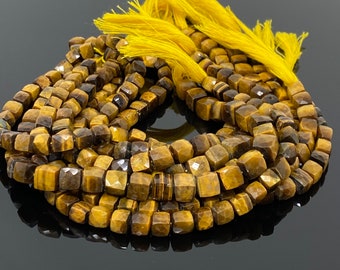 Natural Tiger Eye Gemstone Beads, Tigers Eye Faceted 3D Cube Box  Beads, Bulk Wholesale Beads, Jewelry Supplies, 9" Strand