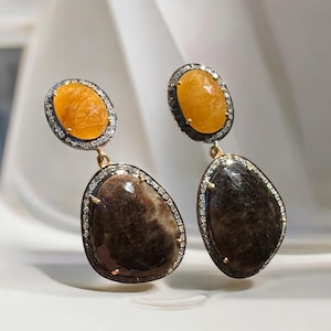 Yellow Sapphire and Smoky Sapphire Gemstone Earrings, Pave Diamond Earrings , Chakra Jewelry, Spiritual Healing Jewelry, Crystal Earrings