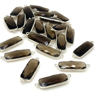 11 Pcs Smokey Quartz Connectors, Silver Plated Bar Gemstone Connectors, Wholesale Jewelry Findings forJewelry Making