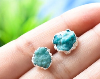 Genuine Raw Turquoise Stud Earrings, December Birthstone Healing Crystal Gemstone Studs, Rough Gemstone Electroplated Earrings, Turquoise