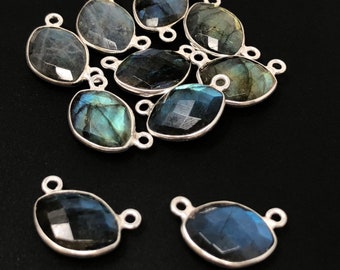 Labradorite Gemstone Connector, Sterling Silver Double Bail Connector Charms, Jewelry findings for DIY Jewelry Making, 17x11mm, 8 Pcs