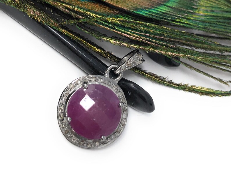 Sterling Silver Pink Sapphire Diamond Pendant Gifts for Her Gemstone Pendant Natural Sapphire Gemstone Jewelry Pave Diamond Pendant