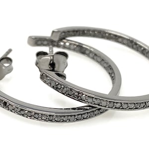 25mm Diamond Hoop Earrings, Black Rhuthenium over Sterling Silver Pave Diamond Earrings, Silver Hoop Earrings