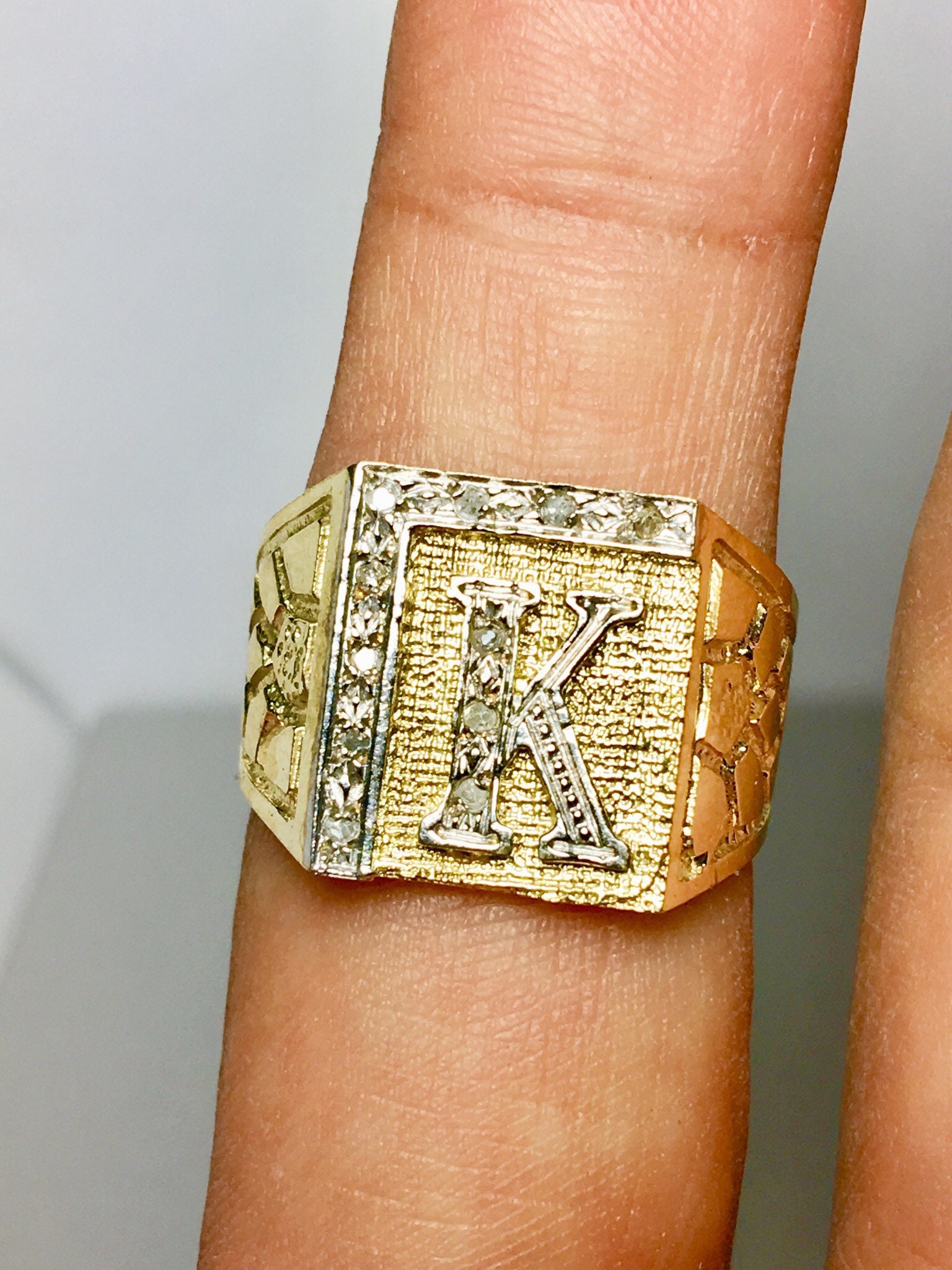 Solid 10k Real Gold/ Initial Gold Ring/ CZ Stones/ Statement Etsy