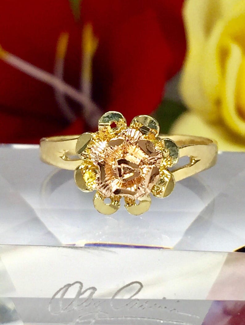 Rose Flower Ring 14K Solid Yellow Gold Two Tone