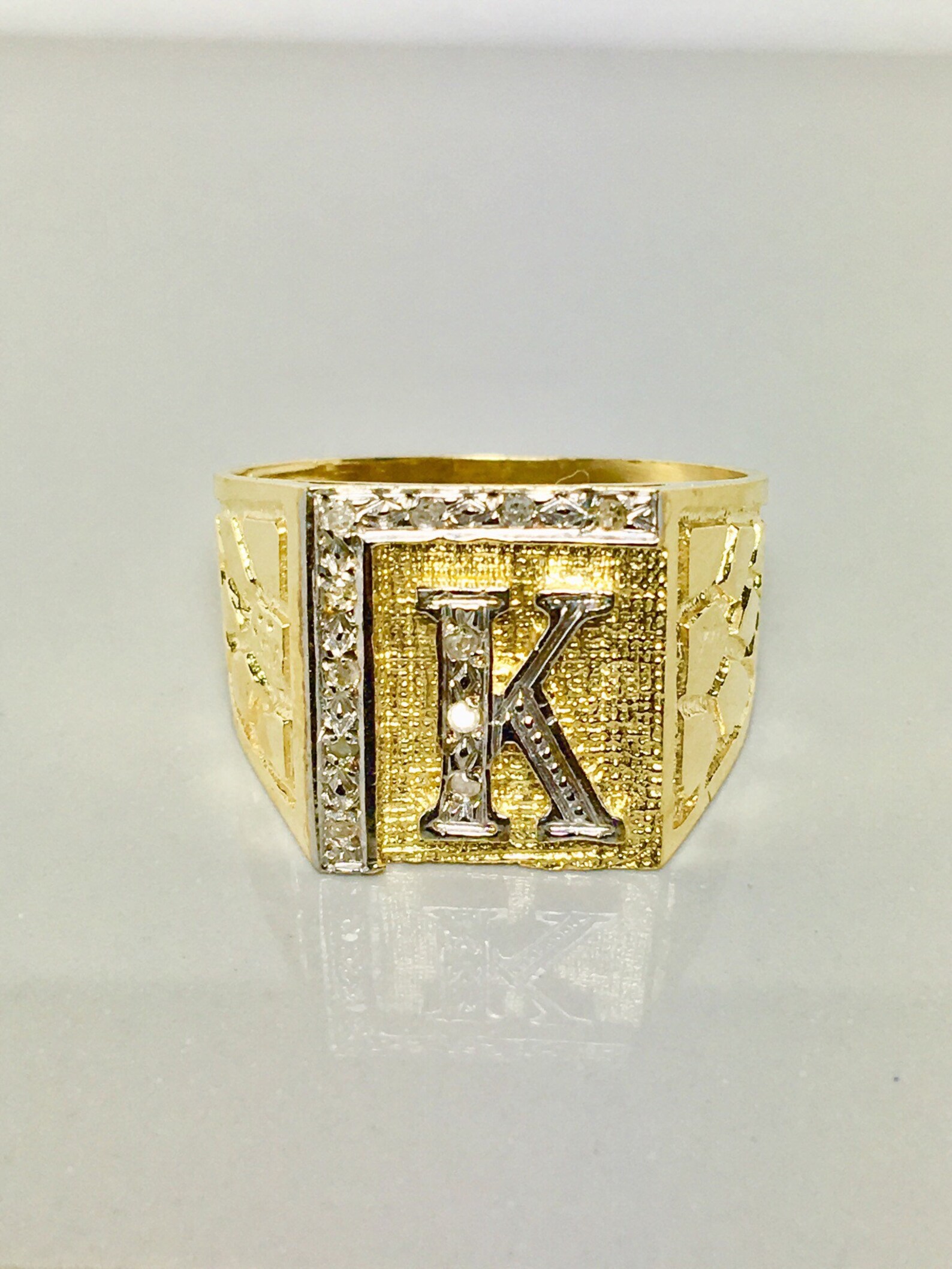 Solid 10k Real Gold/ Initial Gold Ring/ CZ Stones/ Statement Etsy