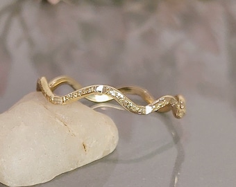 Ripple Ring, 14k/10k Real Solid Gold Wedding Ring, Gold Stardust Ring, Minimalist Gold Ring, Gold Wave Rings, Midi Ring - Pinky Ring