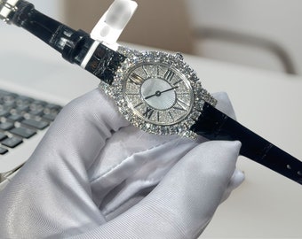 CHO White Gold Oval 18K Full Diamonds Ladies Watch