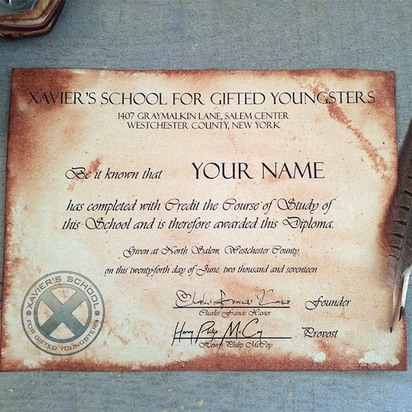 Personalized Xavier's School for Gifted Youngsters certificate - X-Men - Mutants - Wolverine - Cerebro - Magneto - Marvel - Deadpool