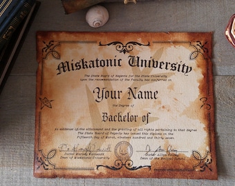 Certificat/diplôme personalisé de Miskatonic - H.P. Lovecraft - Cthulhu - Horreur - Grands Anciens - Arkham - Mythos - Duncwich - Folie