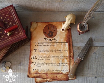 Five Tenets - Parchment paper - Skyrim - Dark Brotherhood - Elder scrolls - Collectibles - Free shipping