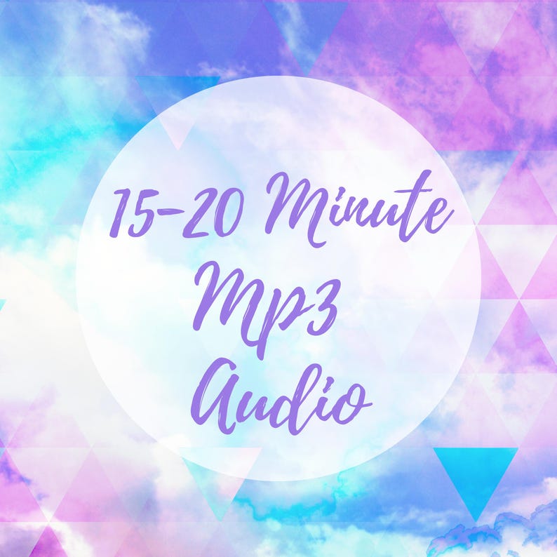 Puede incluir: Gr&aacute;fico digital con un fondo de cielo pastel. Un c&iacute;rculo blanco contiene el texto "15-20 Minute MP3 Audio" en p&uacute;rpura. Formas geom&eacute;tricas en p&uacute;rpura y azul adornan el fondo.