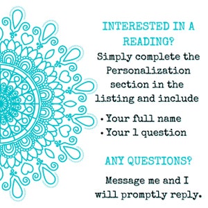Puede incluir: Fondo blanco con un dise&ntilde;o de mandala turquesa en la esquina superior izquierda. El texto de la imagen dice: "&iquest;INTERESADO EN UNA LECTURA?" y proporciona instrucciones para la personalizaci&oacute;n, incluido el nombre completo y una pregunta. Tambi&eacute;n indica que se env&iacute;e un mensaje para cualquier pregunta.