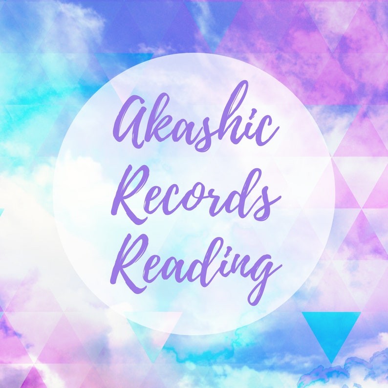 May include: A white circle with a purple text overlay on a background of pastel blue, pink, and purple clouds. The text reads "Akashic Records Reading".