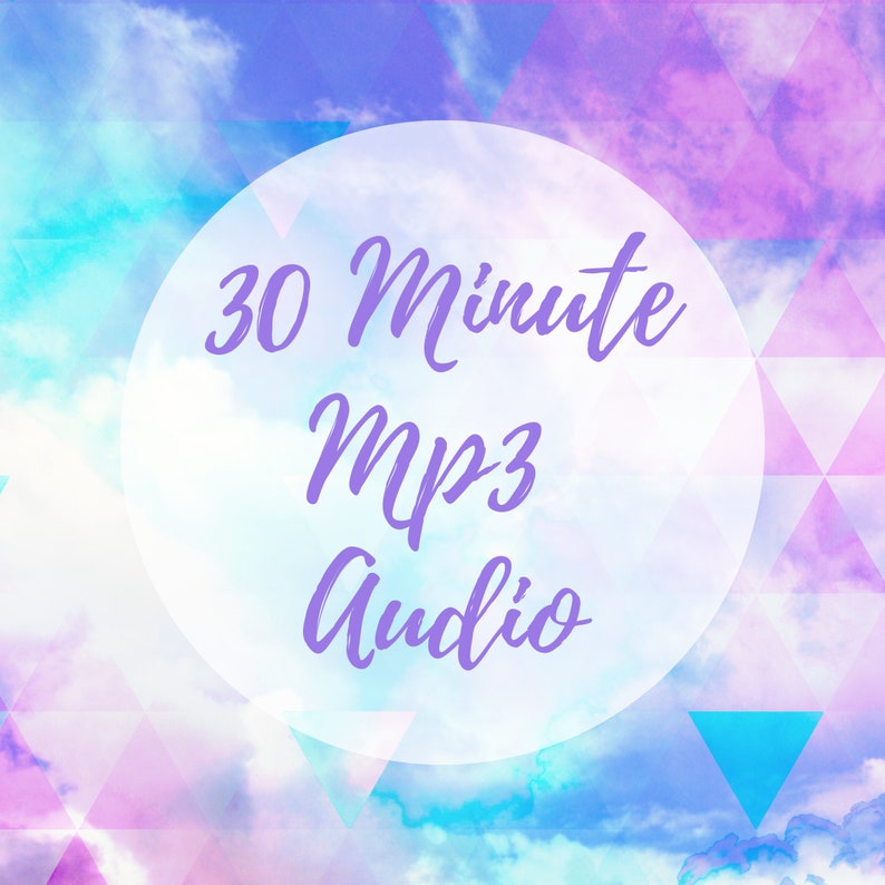 May include: A white circle with a purple text overlay on a background of pastel blue, pink, and purple clouds. The text reads "30 Minute Mp3 Audio".