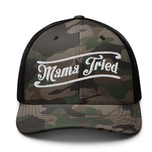 Camo &quot;Mama Tried&quot; Trucker Hat – Country Mom Baseball Cap, Funny Southern Mama Gift, Vintage Style Snapback