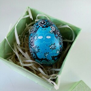 Blue cat  Pysanka Ukrainian Easter egg ornament, blue and white decorative eggs,  Christmas art egg, cat ornament