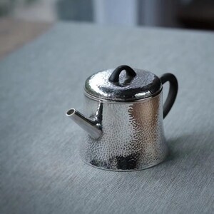 Silver Chinese Teapot Fat Body Style with Ebony Handle and Ebony Bridge-like Knob