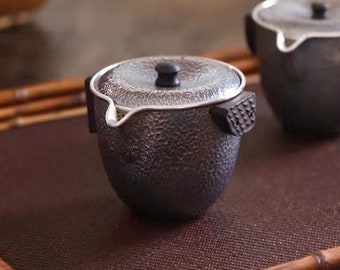 Silver Japanese style Houhin Teapot with vintage look, small ebony handles and knob