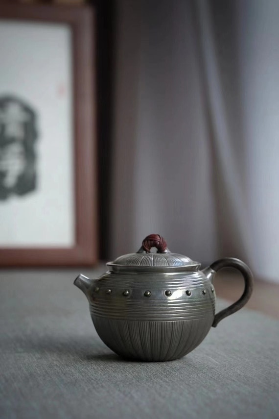Silver Chinese Teapot with Bamboo Woven knob and Ebony Handle