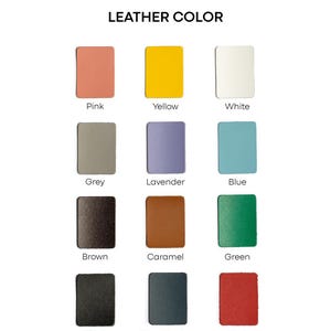 May include: A colour chart of leather swatches, including pink, yellow, white, grey, lavender, blue, brown, caramel, green, black, navy denim, and red. The word "JUNGLE" is in the top left corner, and "LEATHER COLOR" is at the top.