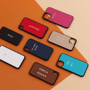 Custom color pebble leather iPhone case with embossed monogram, cover compatible for iPhone 15, 14, 13, 12, 11 Pro / Max / Plus, gift idea