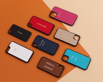 Custom color pebble leather iPhone case with embossed monogram, cover compatible for iPhone 15, 14, 13, 12, 11 Pro / Max / Plus, gift idea