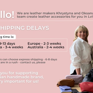 May include: Two women smile in front of a display of leather accessories. The text reads "Hello! We are leather makers Khrystyna and Oksana. Our team create leather accessories for you in Lviv, Ukraine."