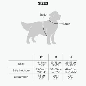 Pu&ograve; includere: Un diagramma che illustra le taglie delle pettorine per cani, etichettato XS, S e M. Le misure sono fornite in centimetri e pollici per il collo, la misura della pancia e la larghezza della cinghia. Il testo recita "JUNGLE" e "HARNESS".