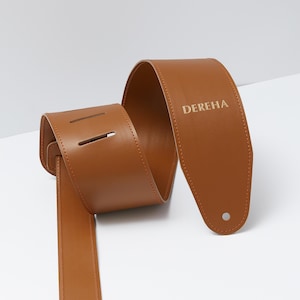 Personalized leather guitar strap with custom name, adjustable caramel guitar strap, stitched border guitar strap, hand crafted in Ukraine