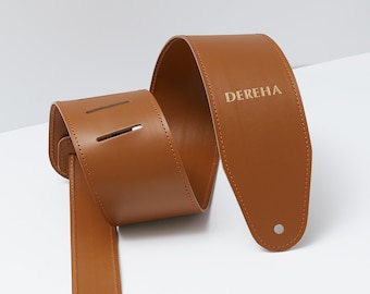 Personalized leather guitar strap with custom name, adjustable caramel guitar strap, stitched border guitar strap, hand crafted in Ukraine