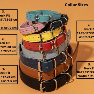 Puede incluir: Una pila de collares de cuero para perros en varios colores: azul, rosa, amarillo, rojo, gris, azul marino, marr&oacute;n y negro. Cada collar tiene una hebilla plateada. El texto indica las medidas del cuello y el ancho en cm.