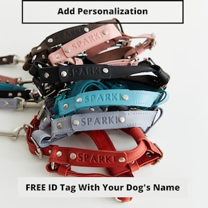May include: A selection of colourful dog harnesses, each with the name "SPARKI" embossed on the leather. The harnesses come in shades of red, grey, teal, black, pink, and brown. The image also includes the text "Add Personalization" and "FREE ID Tag With Your Dog's Name".