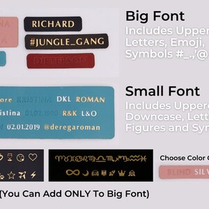 May include: A guide to different font styles for personalized leather labels. The image shows examples of labels with different fonts, including a large font with uppercase letters, emoji, and symbols, and a smaller font with uppercase and lowercase letters, numbers, and symbols. The image also shows a selection of emoji that can be added to labels with the large font. The image also shows a selection of colors for the labels: blind, silver, and gold.