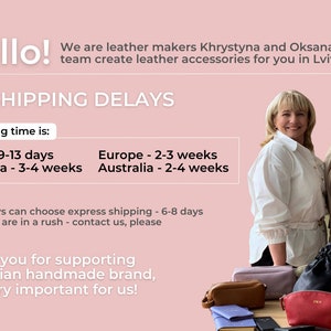 May include: Image features two women smiling in front of a display of leather accessories. The text reads "Hello! We are leather makers Khrystyna and Oksana. Our team create leather accessories for you in Lviv, Ukraine."