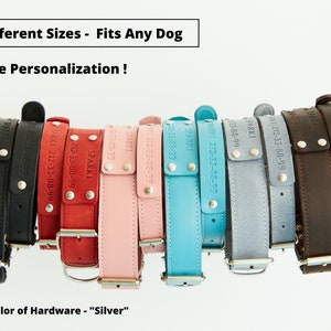 Puede incluir: Una colecci&oacute;n de collares personalizados para perros en varios colores, incluyendo negro, rojo, rosa y azul. Cada collar tiene herrajes plateados y est&aacute; grabado con un nombre y n&uacute;mero de tel&eacute;fono. Los collares se muestran colgados sobre un fondo blanco.