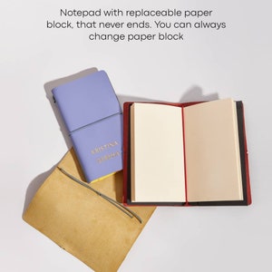 May include: A collection of notebooks and a leather cover. One notebook is open, revealing blank pages. A light purple notebook with the name "KRISTINA DERSHA" is closed. The text reads "Notepad with replaceable paper block, that never ends. You can always change paper block."