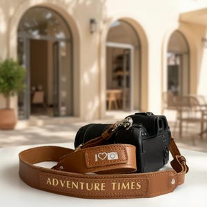 May include: A brown leather camera strap with the words "ADVENTURE TIMES" in gold lettering. The strap also features a small rectangular patch with a heart and camera icon. A black camera with a lens is also visible.