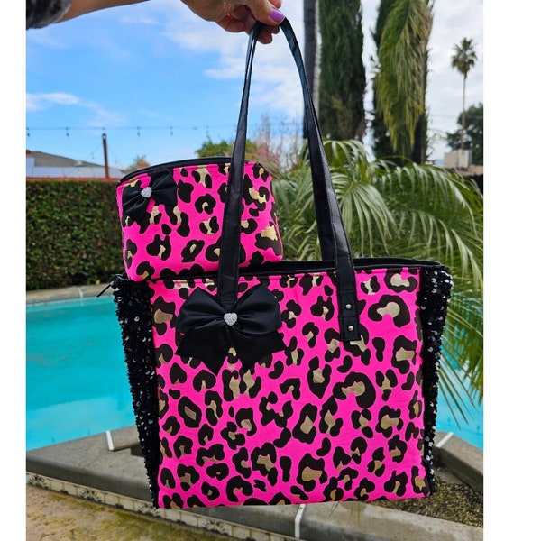 Custom handbag Neon pink cheetah leopard black sparkle Matching makeup bag shoulder tote bag coin purse animal print gift set travel