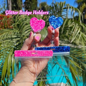 Badge Holder horizontal vertical Reel Heart shaped retractable glitter ID card business  amusement park work heart bling  CHOOSE COLOR