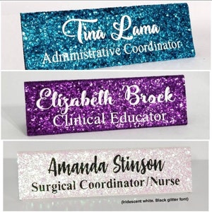 Glitter Name plate standing Gloss Sealed sparkle bling desk work salon makeup artist vanity room decor wedding table stand personalized