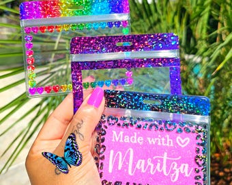 Holographic Vertical Horizontal ID Badge Holder glitter top card business amusement zip lock closure park school work bling pink sparkle