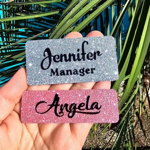 Glitter name tag PIN or MAGNET work badge sealed sparkle personalized custom bling 1x3 or 1.5x3 gift nurse job