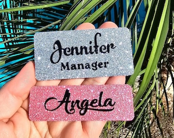 Glitter name tag PIN or MAGNET work badge sealed sparkle personalized custom bling 1x3 or 1.5x3 gift nurse job