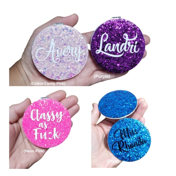 Glitter compact Mirror travel size Gloss sealed sparkle personalized name bling round 3x magnifying beauty glam