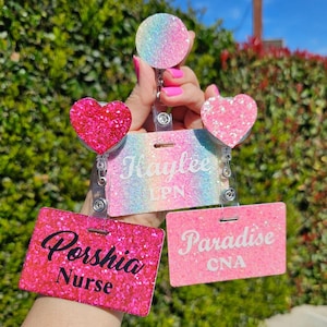 Name Tag Reel Badge Retractable Work ID card Heart circle shaped sparkle glitter cheetah business amusement park nurse personalized custom